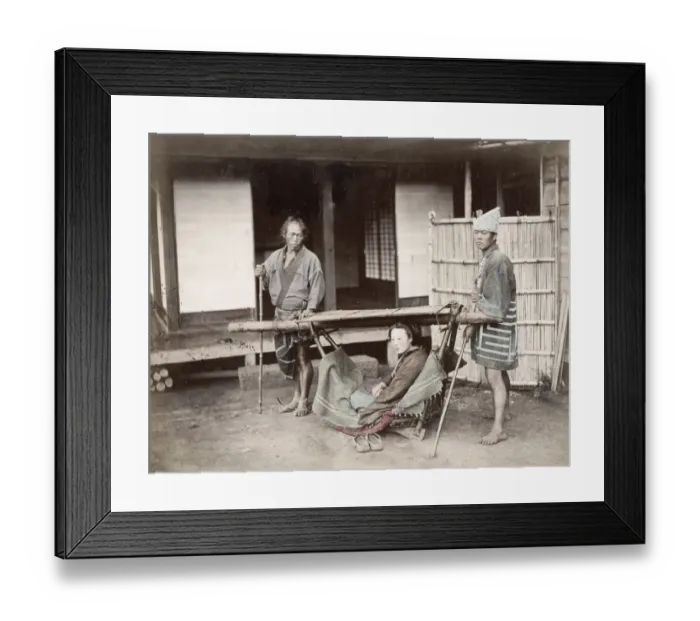 Framed Print : Woman in a kago, carrying chair with porters, Japan