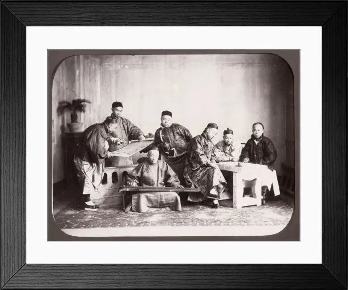 Framed Print : Group of seated Chinese men, musician, China Framed Print : Group of seated Chinese men, musician, China