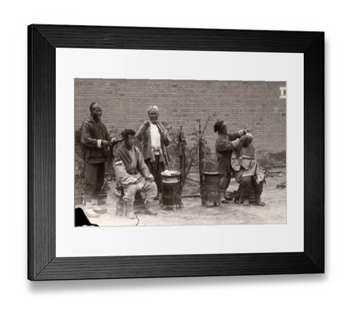 Framed Print : Chinese barbers at work, Peking, Beijing, c. 1900, China Framed Print : Chinese barbers at work, Peking, Beijing, c. 1900, China
