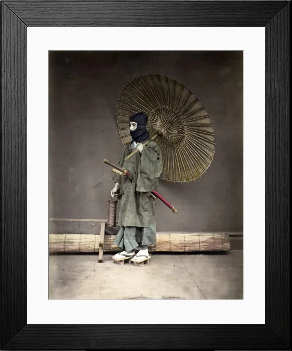 Framed Print : Samuari in winter clothes, and umbrella, Japan Framed Print : Samuari in winter clothes, and umbrella, Japan