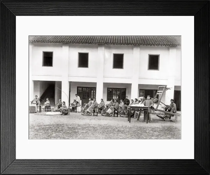 Framed Print : Spinning and weaving, Christian mission school, China Framed Print : Spinning and weaving, Christian mission school, China