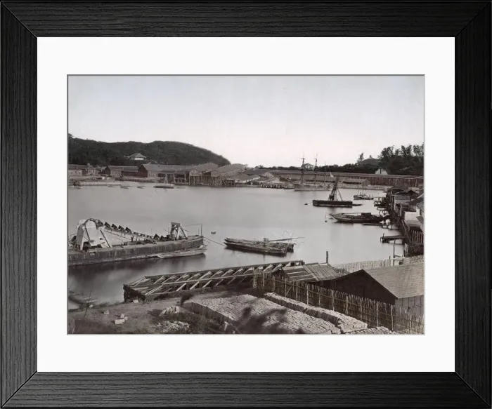 Framed Print : Dockyard and waterfront warehouses, Japan, c. 1880 s Framed Print : Dockyard and waterfront warehouses, Japan, c. 1880 s