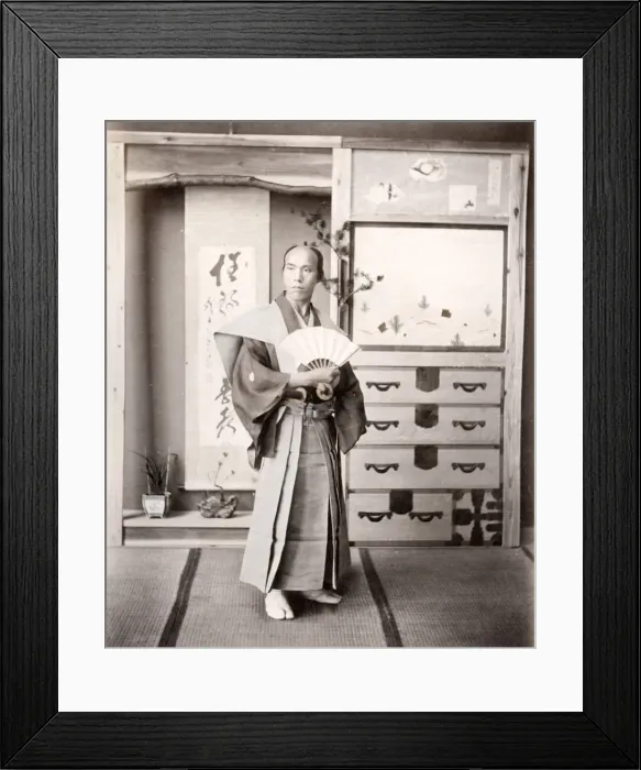 Framed Print : c. 1880s Japan - samurai with a fan Framed Print : c. 1880s Japan - samurai with a fan