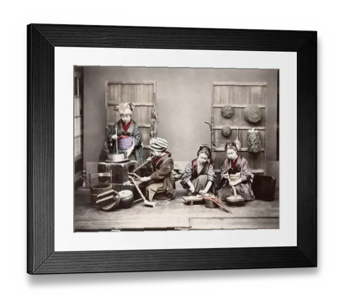 Framed Print : c. 1880s Japan - young women preparing a meal Framed Print : c. 1880s Japan - young women preparing a meal