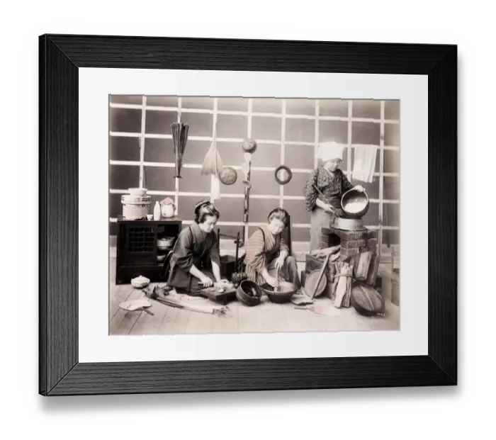 Framed Print : Late 19th century - young Japanese women preparing meal Framed Print : Late 19th century - young Japanese women preparing meal