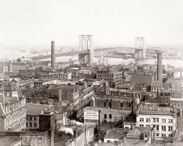 New York skyline and Brooklyn Bridge, USA, c. 1890 s