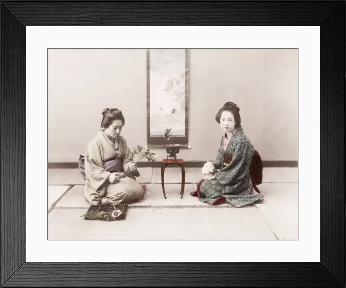 Framed Print : Late 19th century - young Japanese women, flowers Framed Print : Late 19th century - young Japanese women, flowers