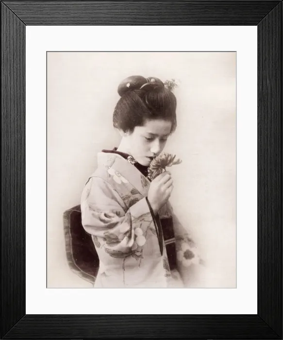 Framed Print : Late 19th century - young Japanese woman and flower Framed Print : Late 19th century - young Japanese woman and flower