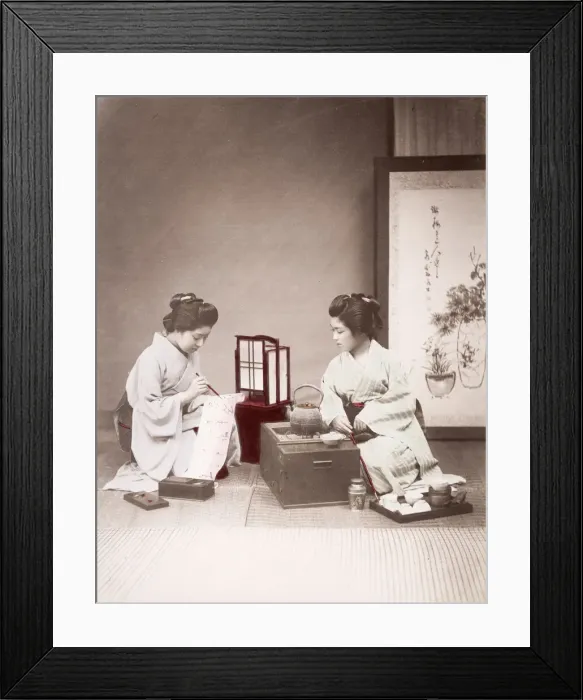 Framed Print : Late 19th century - young Japanese writing, tea stove Framed Print : Late 19th century - young Japanese writing, tea stove