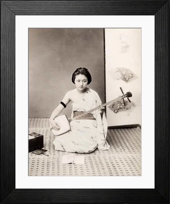 Framed Print : Late 19th century - young Japanese woman, shamisen Framed Print : Late 19th century - young Japanese woman, shamisen
