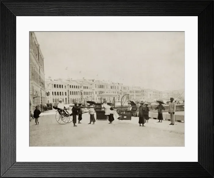 Framed Print : Transport - rickshaws and carrying chair, Hong Kong Framed Print : Transport - rickshaws and carrying chair, Hong Kong