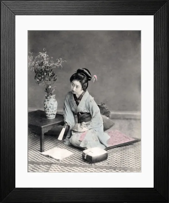 Framed Print : Geisha with fan reading a book, Japan, c. 1880 s Framed Print : Geisha with fan reading a book, Japan, c. 1880 s