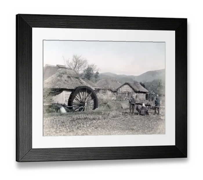 Framed Print : Farm scene - water wheel and carrying chair, Japan, c. 1880 s Framed Print : Farm scene - water wheel and carrying chair, Japan, c. 1880 s