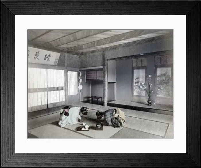Framed Print : Two women greeting each other, tea set, Japan, c. 1890 Framed Print : Two women greeting each other, tea set, Japan, c. 1890