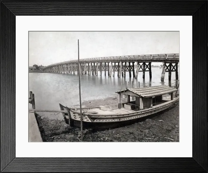 Framed Print : Wooden boat and bridge, Japan, c. 1880 s Framed Print : Wooden boat and bridge, Japan, c. 1880 s