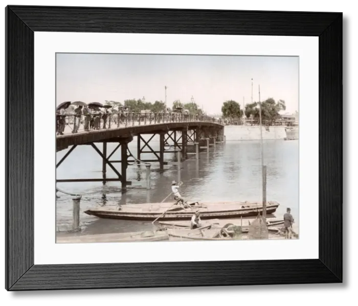 Framed Print : c. 1880s Japan - metal bridge river boats prob. Yokohama Framed Print : c. 1880s Japan - metal bridge river boats prob. Yokohama
