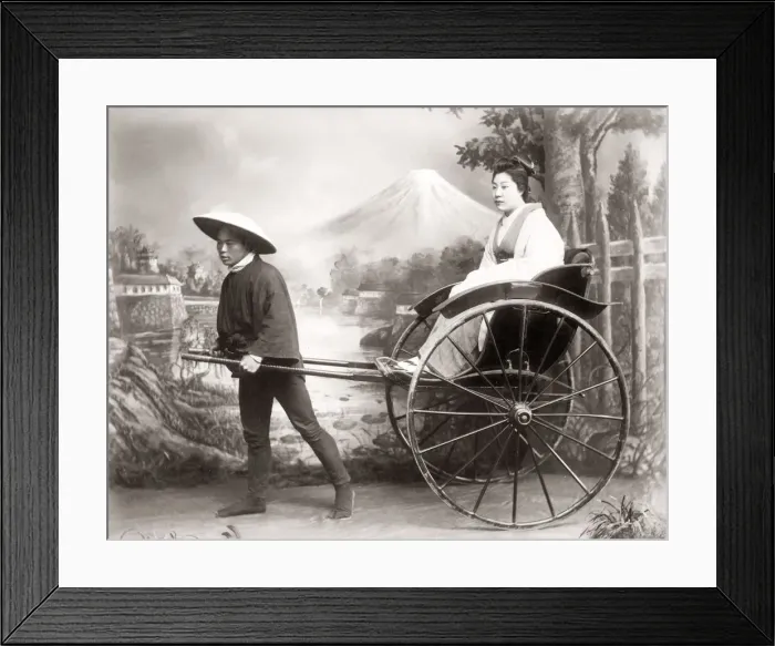 Framed Print : Woman in a rickshaw in a studio setting, Japan Framed Print : Woman in a rickshaw in a studio setting, Japan
