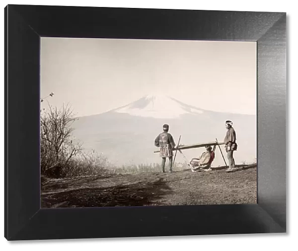c. 1880s Japan - sedan chair and Mount fuji