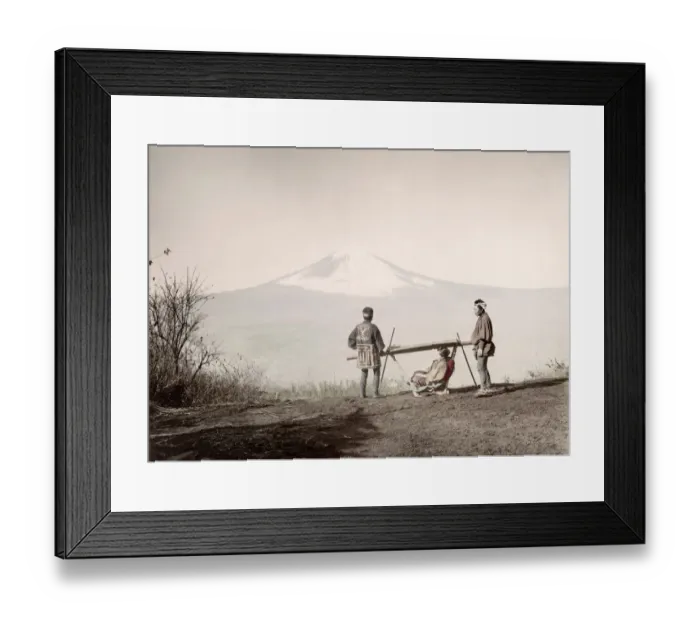Framed Print : c. 1880s Japan - sedan chair and Mount fuji Framed Print : c. 1880s Japan - sedan chair and Mount fuji