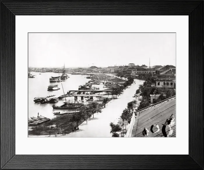 Framed Print : c. 1880s China - boats on waterfront Shanghai Bund Framed Print : c. 1880s China - boats on waterfront Shanghai Bund