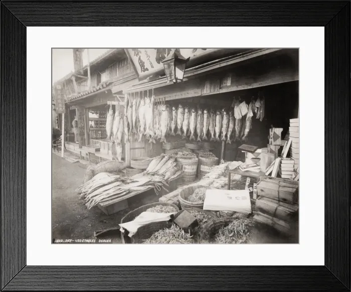 Framed Print : Fish and vegetable shop, dealer, Japan c. 1880 s Framed Print : Fish and vegetable shop, dealer, Japan c. 1880 s