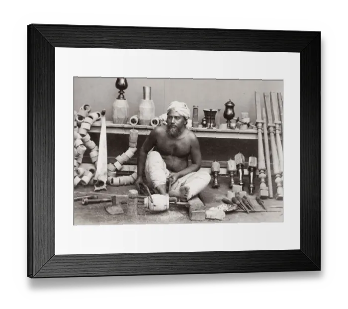 Framed Print : Wood turner working with a lathe, India Framed Print : Wood turner working with a lathe, India