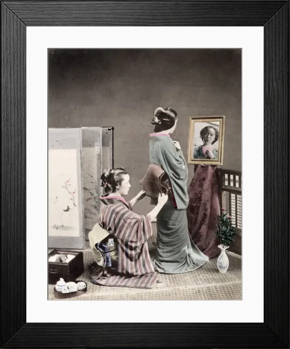 Framed Print : Geisha having her obi sash tied, Japan Framed Print : Geisha having her obi sash tied, Japan