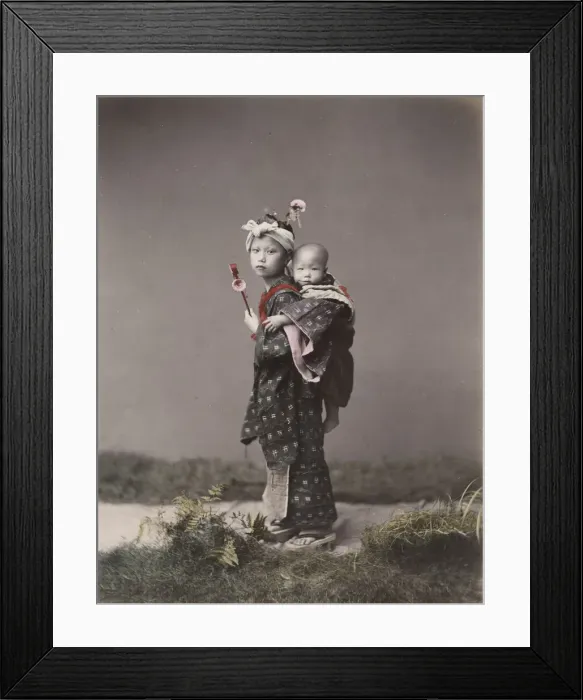 Framed Print : Girl carrying a baby, Japan Framed Print : Girl carrying a baby, Japan