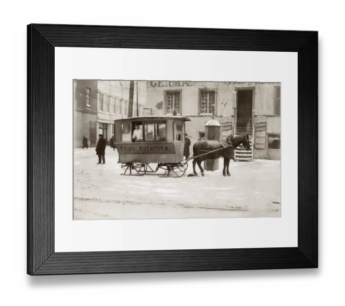 Framed Print : Mobile food stall, horse drawn sledge, snow in Canada, c. 1920 Framed Print : Mobile food stall, horse drawn sledge, snow in Canada, c. 1920