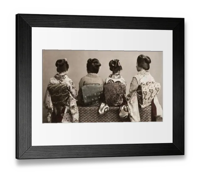 Framed Print : Geishas showing ornate kimonos and obi sashes, Japan Framed Print : Geishas showing ornate kimonos and obi sashes, Japan