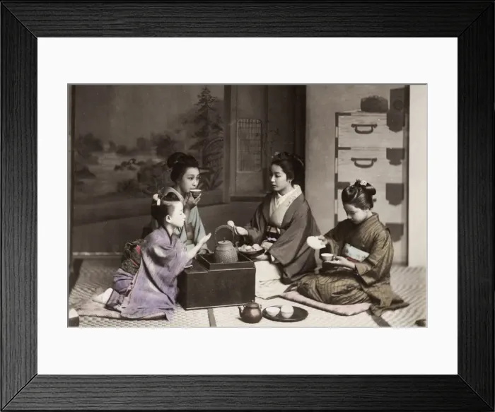 Framed Print : Japan: girls drinking tea with a kettle and stove Framed Print : Japan: girls drinking tea with a kettle and stove