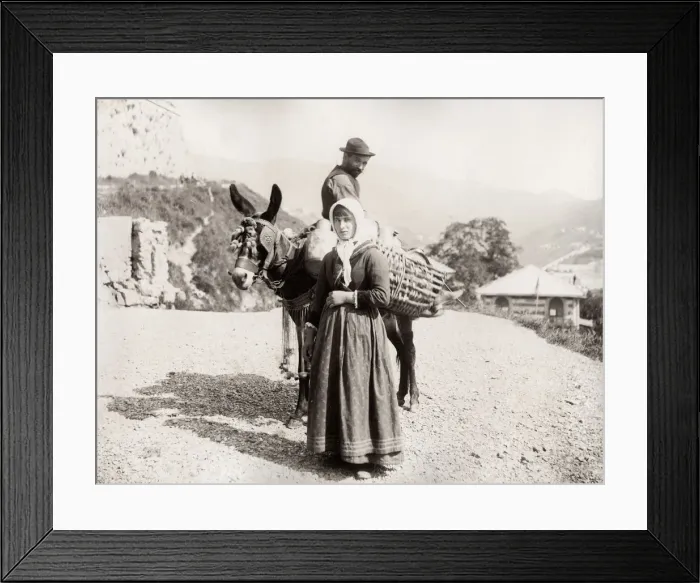 Framed Print : Peasants farmers and pack mule, probably France or Italy Framed Print : Peasants farmers and pack mule, probably France or Italy