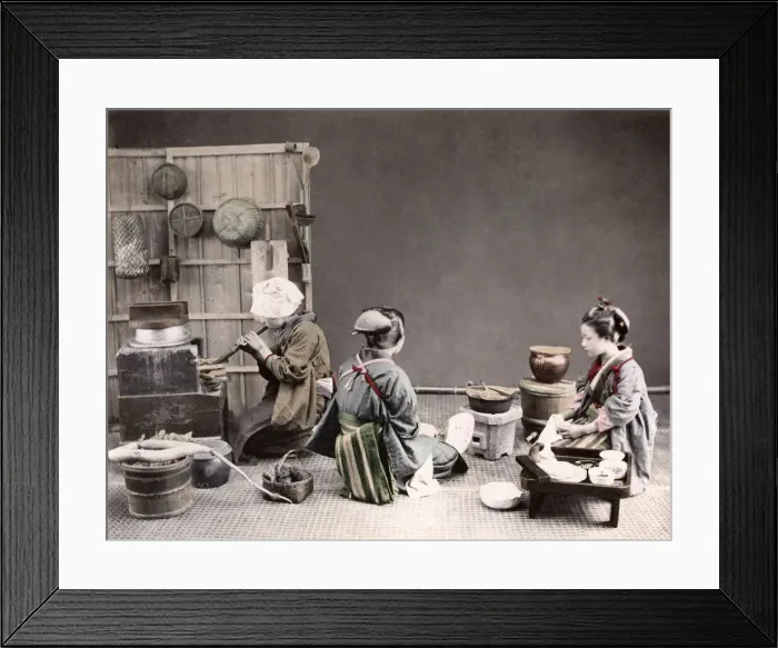 Framed Print : c. 1880s Japan - young women cooking a meal Framed Print : c. 1880s Japan - young women cooking a meal