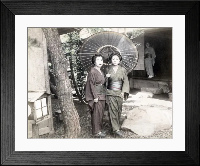 Framed Print : c. 1880s Japan - geishas outside tea house Framed Print : c. 1880s Japan - geishas outside tea house