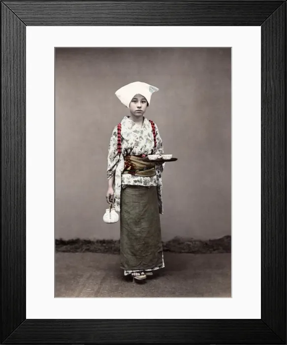 Framed Print : c. 1880s Japan - tea house serving girl Framed Print : c. 1880s Japan - tea house serving girl