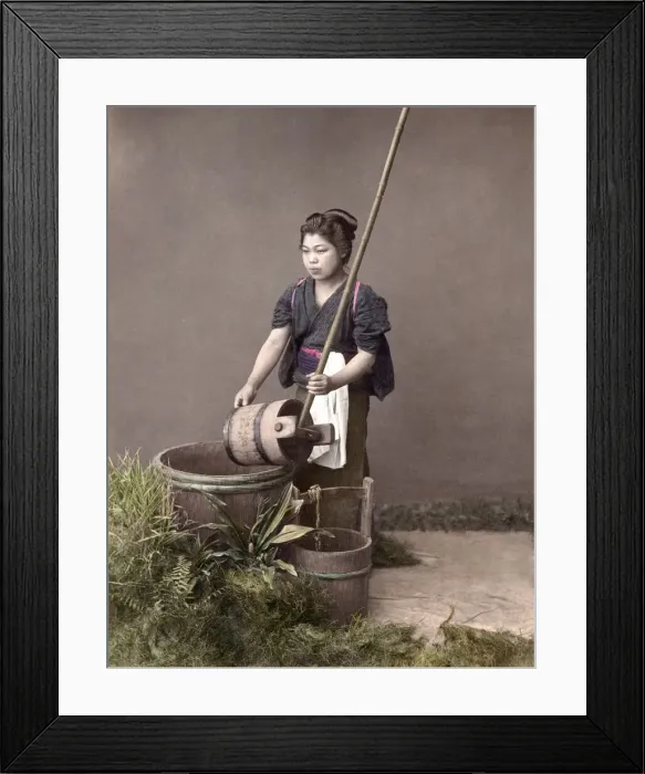 Framed Print : c. 1880s Japan - young woman filling a bucket Framed Print : c. 1880s Japan - young woman filling a bucket
