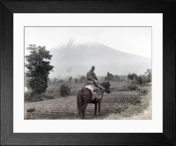 Framed Print : c. 1880s Japan - farmer on his horse near Mount Fuji Framed Print : c. 1880s Japan - farmer on his horse near Mount Fuji