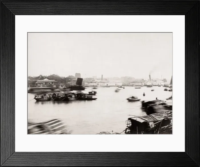 Framed Print : River, boats and steamer, likely Canton, Gunagzhou, China Framed Print : River, boats and steamer, likely Canton, Gunagzhou, China