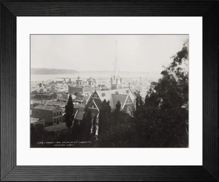 Framed Print : Dunedin New Zealand, from corner of Pitt, Queen St Framed Print : Dunedin New Zealand, from corner of Pitt, Queen St