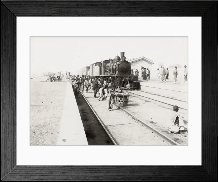 Framed Print : Steam train in a station, China, c. 1910 Framed Print : Steam train in a station, China, c. 1910