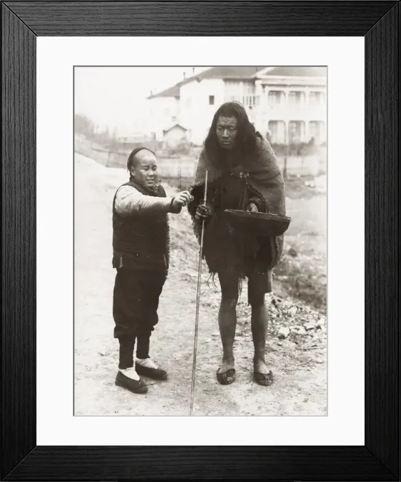 Framed Print : Chinese beggar with bowl and stick, China Framed Print : Chinese beggar with bowl and stick, China
