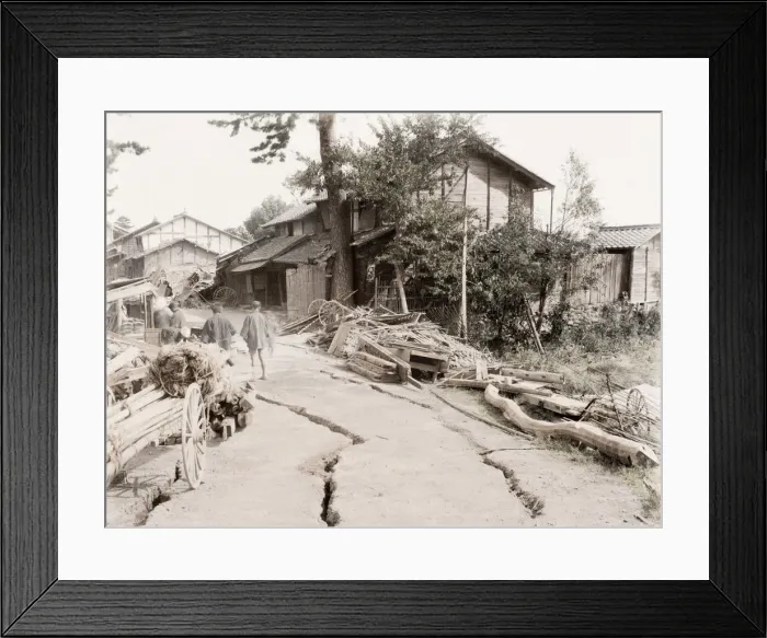 Framed Print : Earthquake damage down a village street, Japan, c. 1890 s Framed Print : Earthquake damage down a village street, Japan, c. 1890 s