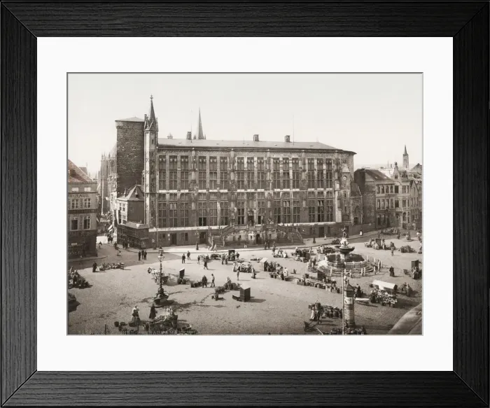 Framed Print : Rathaus, city hall and street market, Aachen, Germany Framed Print : Rathaus, city hall and street market, Aachen, Germany