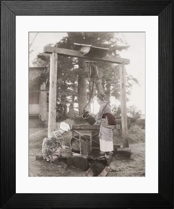 Framed Print : Girls drawing water from a well, with buckets, Japan Framed Print : Girls drawing water from a well, with buckets, Japan
