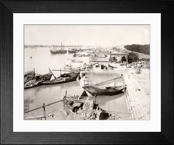 Framed Print : Calcutta, view on the Hooghly River, boats and wharves