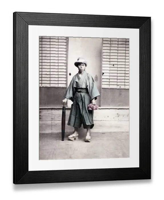 Framed Print : Japanese man in outdoor shoes and with umbrella, Japan Framed Print : Japanese man in outdoor shoes and with umbrella, Japan