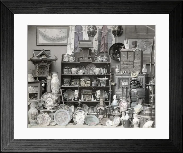 Framed Print : Japanses souvenirs - porcelain, armour, weapons, c. 1880 Framed Print : Japanses souvenirs - porcelain, armour, weapons, c. 1880