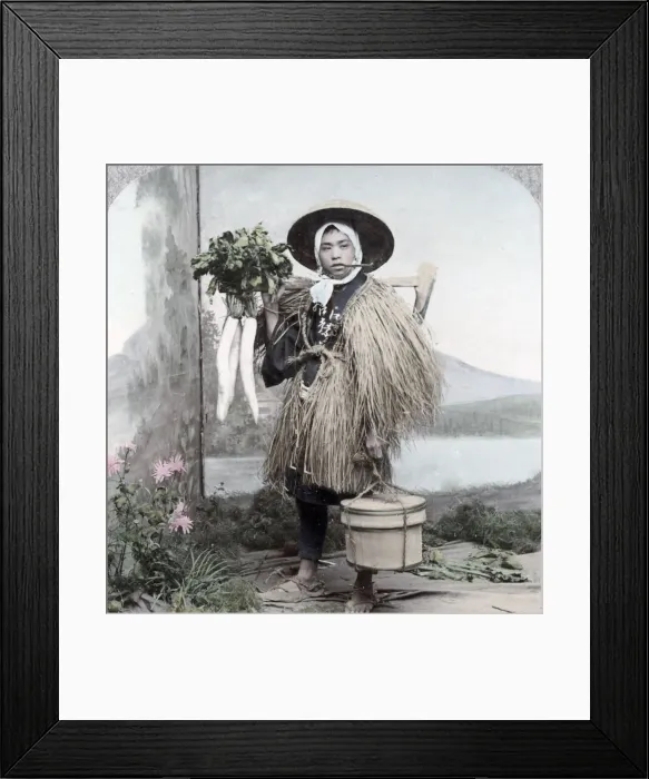 Framed Print : Farm labourer, grass coat and vegetables, Japan, c. 1900 Framed Print : Farm labourer, grass coat and vegetables, Japan, c. 1900