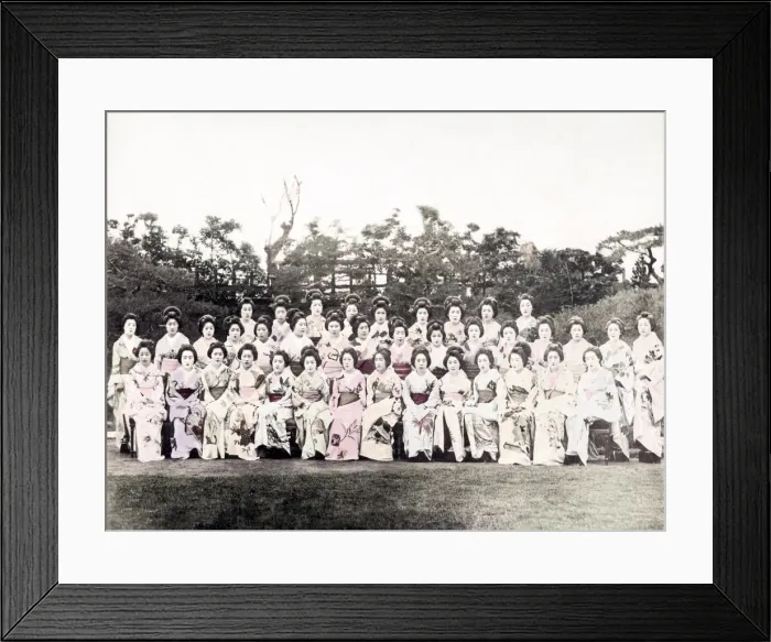 Framed Print : c. 1880s Japan - large group of geishas ornate kimonos Framed Print : c. 1880s Japan - large group of geishas ornate kimonos