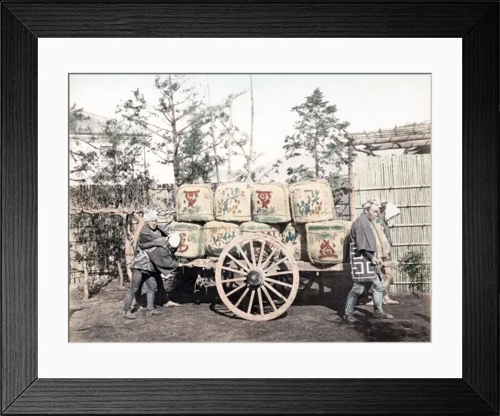 Framed Print : c. 1880s Japan - wheeled cart with bales Framed Print : c. 1880s Japan - wheeled cart with bales